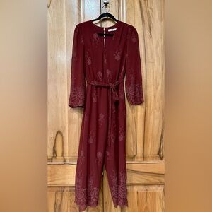 WAYF - Anthro - Burgundy Semi-Sheer Embroidered Longsleeve Jumpsuit/Romper EUC S
